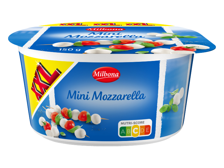 Pakiranje mini mozzarelle s češnjevimi paradižniki in baziliko, označeno 150g in Nutri-Score A.