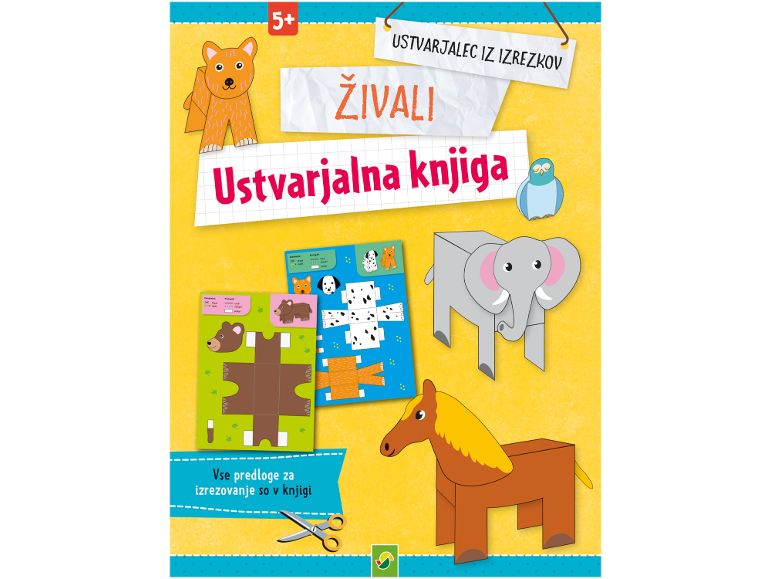 Ustvarjalna knjiga za otroke z izrezljivimi živalskimi predlogami, vključno z medvedom, psom, slonom in konjem.