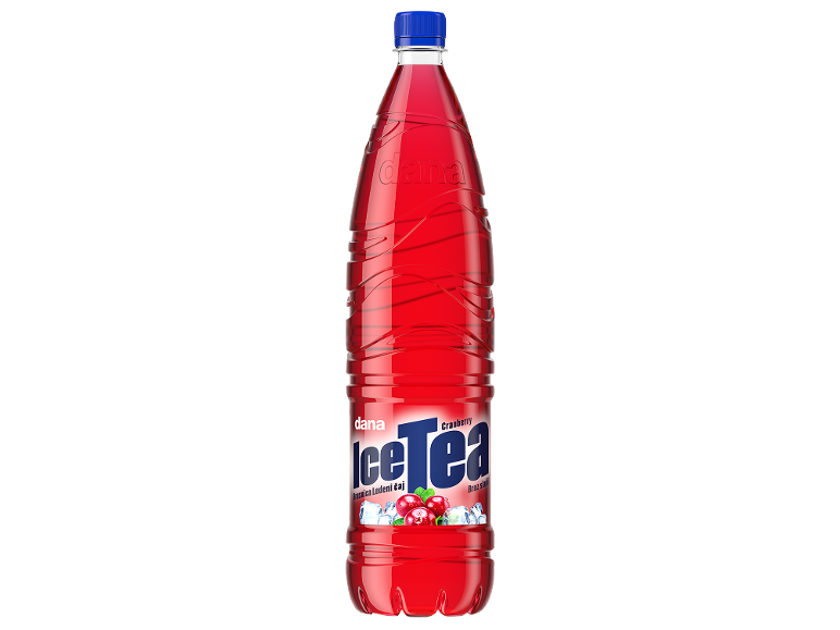 Steklenica brusničnega ledenega čaja, brez sladkorja, z jagodami in kockami ledu.