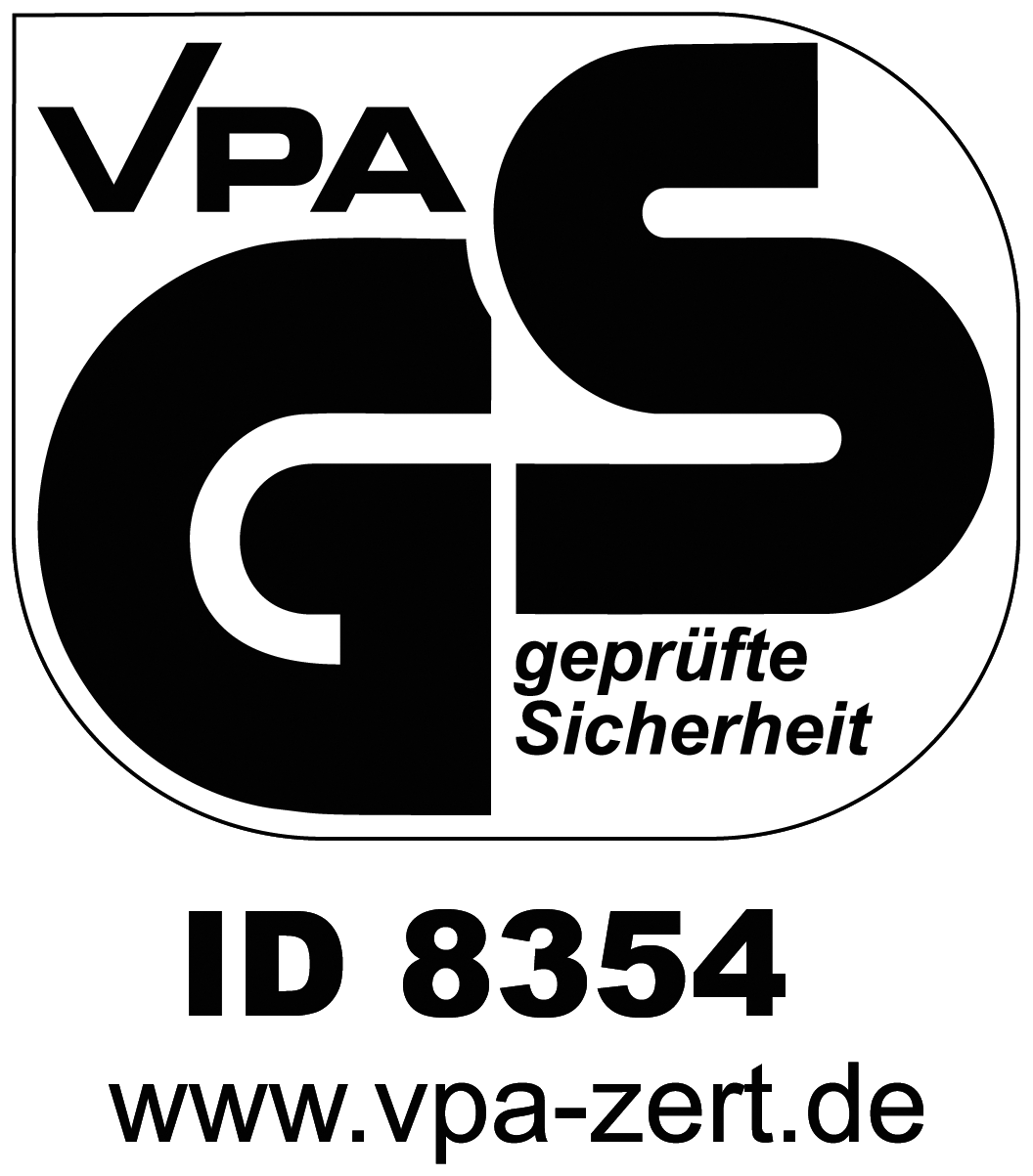 GS pečat z besedilom 'geprüfte Sicherheit' in ID 8354, www.vpa-zert.de