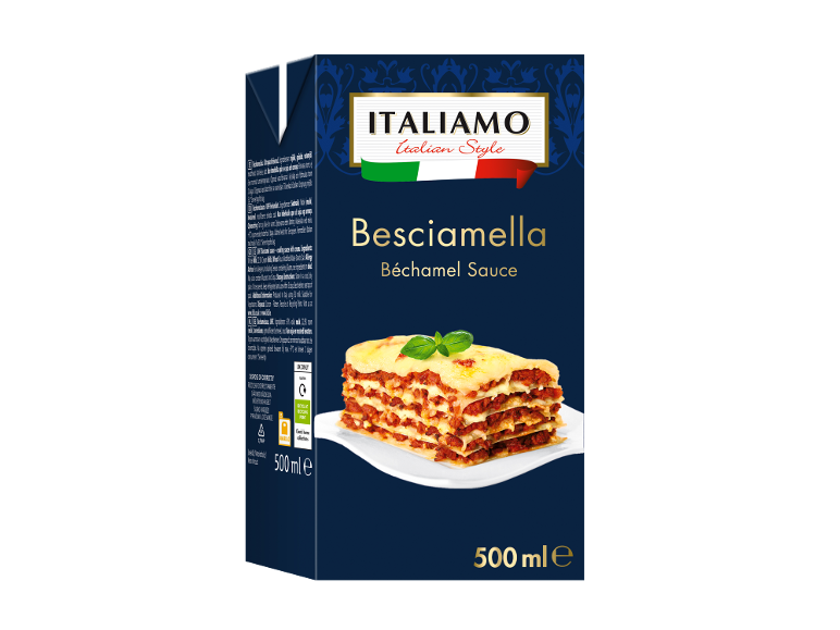 Pakiranje bešamel omake v italijanskem slogu z lazanjami in besedilom 500 ml.