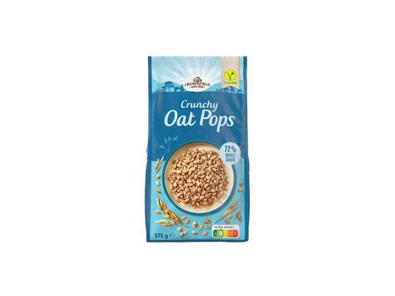 Paket hrustljavih ovsenih kosmičev z 72% polnozrnatega žita in vegansko oznako.