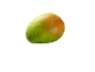 Svež mango z vodnimi kapljicami, v zelenih in oranžnih odtenkih.
