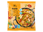 Zamrznjena paella z rižem, zelenjavo, ribami, piščancem, školjkami in kozicami, z informacijami o hranilni vrednosti.