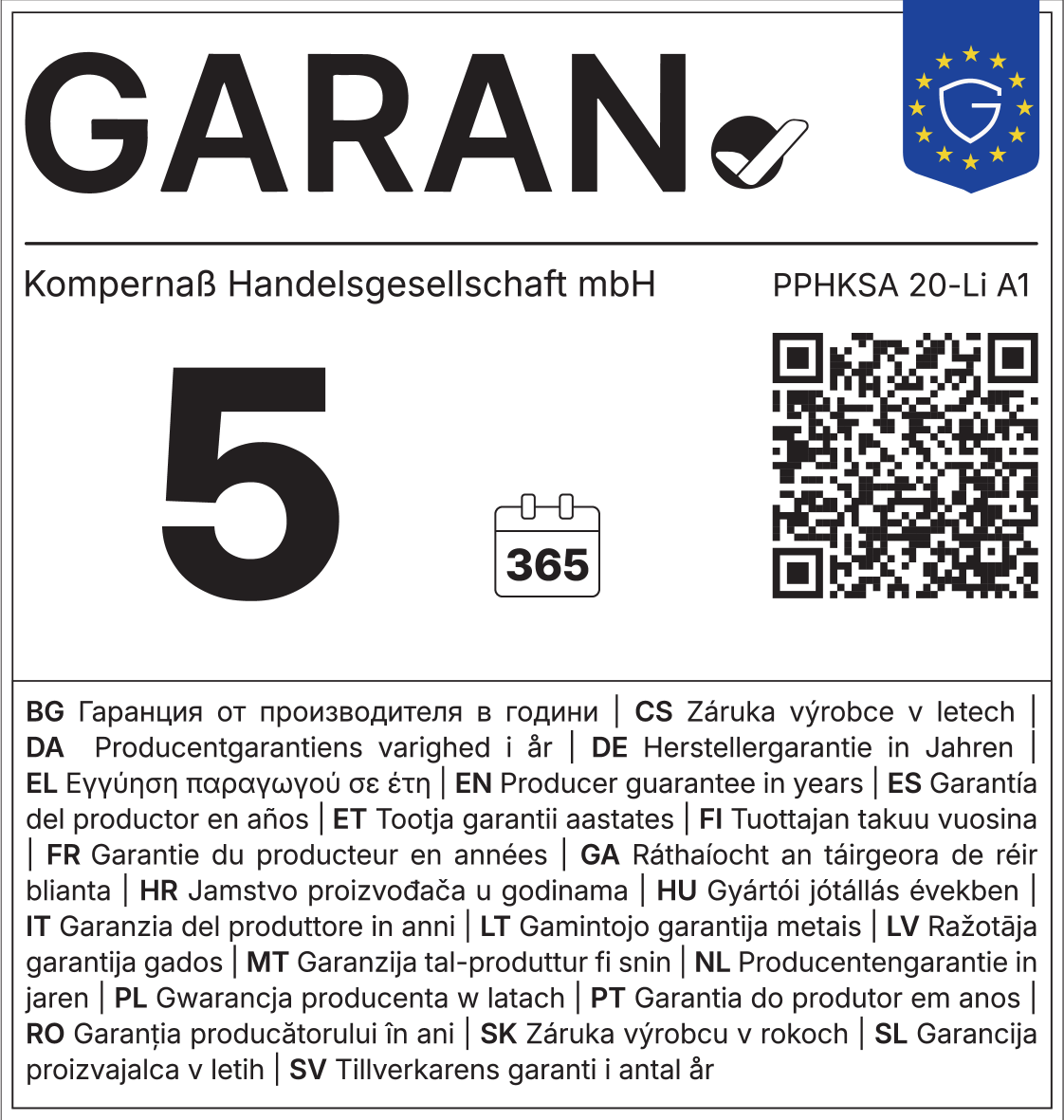 5-letni garancijski pečat proizvajalca, s kodo QR in številko modela PPHKSA 20-Li A1.