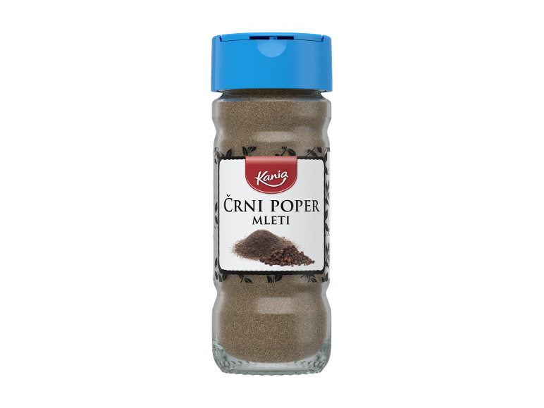 Steklenička mletega črnega popra z modrim pokrovčkom, z napisom 'CRNI POPER MLETI'.