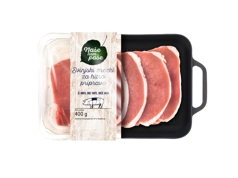Sveži svinjski zrezki v embalaži in ponvi, 400g.
