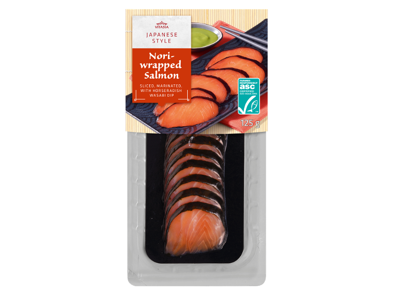 Losos, ovit v nori, z wasabi omako, 125g, v japonskem slogu.