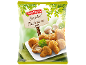 Panirani gobe na belem krožniku z zelenim ozadjem, z napisom 'Breaded Mushrooms'.