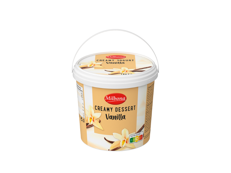 Kremna vanilijeva sladica v 1 kg vedru z oznako Nutri-Score A.