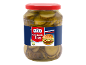 Kozarec rezin kislih kumaric z etiketo, ki prikazuje hamburger.