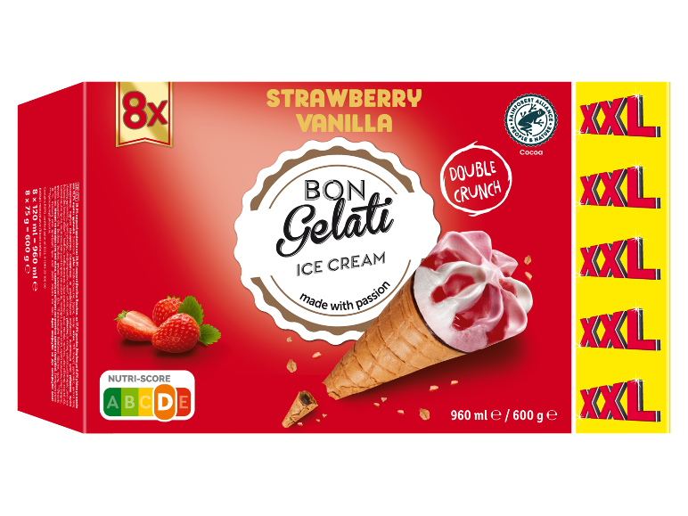 Jagodni in vanilijev sladoled v kornetu, z oznako 'XXL' in Nutri-Score A.