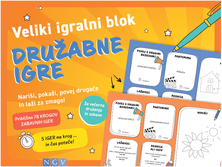 Blok družabnih iger z dejavnostmi risanja, pantomime in ugibanja.