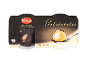Profiteroli s čokolado v črni embalaži, z oznako izbire in težo.