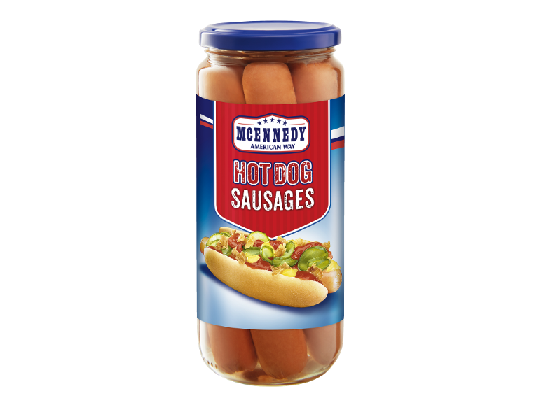 Kozarec hrenovk z etiketo, ki prikazuje hot dog z dodatki.