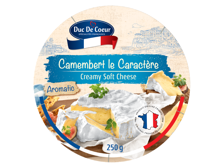 Kremni mehki sir Camembert z napisom „Aromatic“ in težo 250 g.