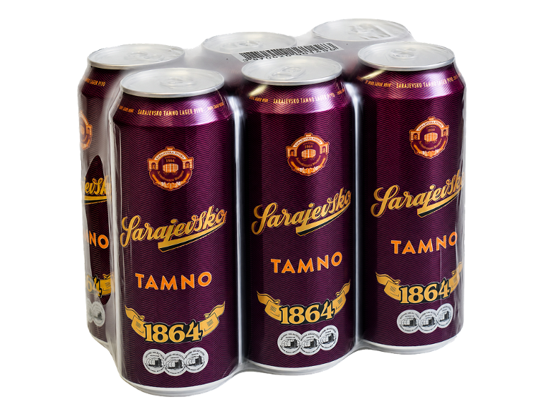 Šest pločevink temnega lager piva z napisom 'Tamno 1864' na vijoličnem ozadju.