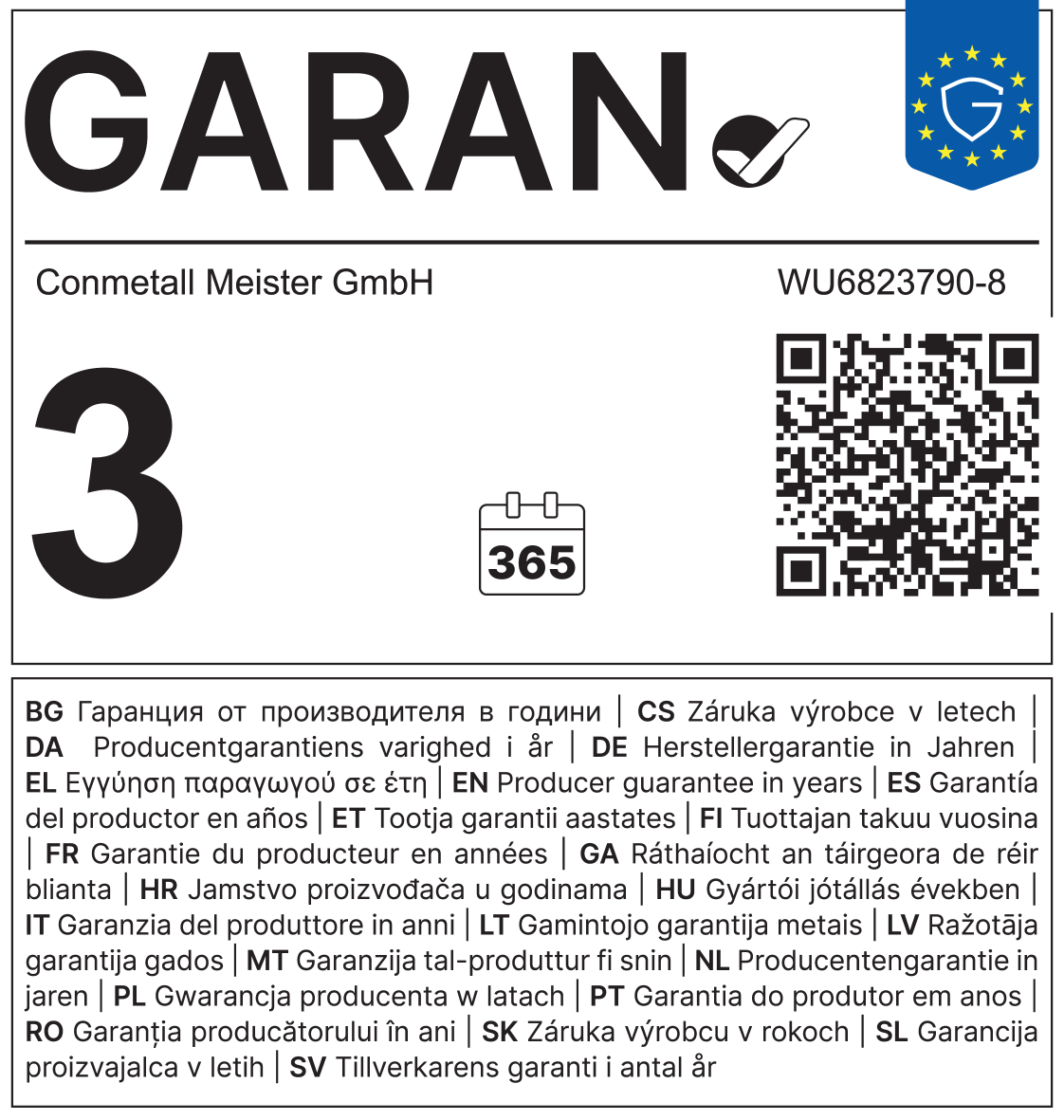 Garancija proizvajalca: 3 leta, 365 dni. Številka izdelka: WU6823790-8.