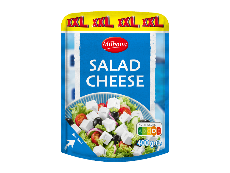 XXL pakiranje solatnega sira z oznako Nutri-Score D in 400g.