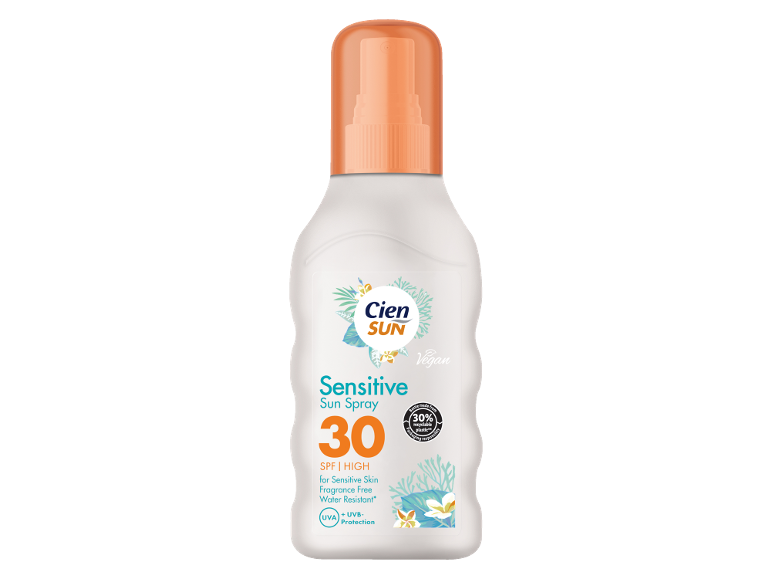 Občutljiv sprej za sončenje SPF 30 z UVA/UVB zaščito, vodoodporen in brez dišav.