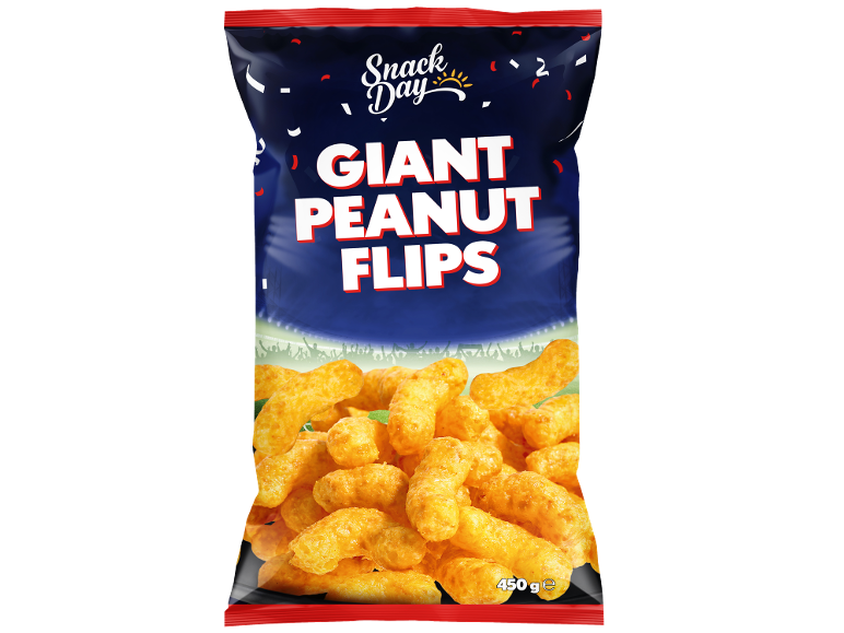 Vrečka velikanskih arašidovih flips z napisom „GIANT PEANUT FLIPS“ in „450 g ℮“.