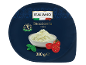 Okrogla embalaža stracciatella sira s paradižnikom, baziliko in besedilom „200 g e“.