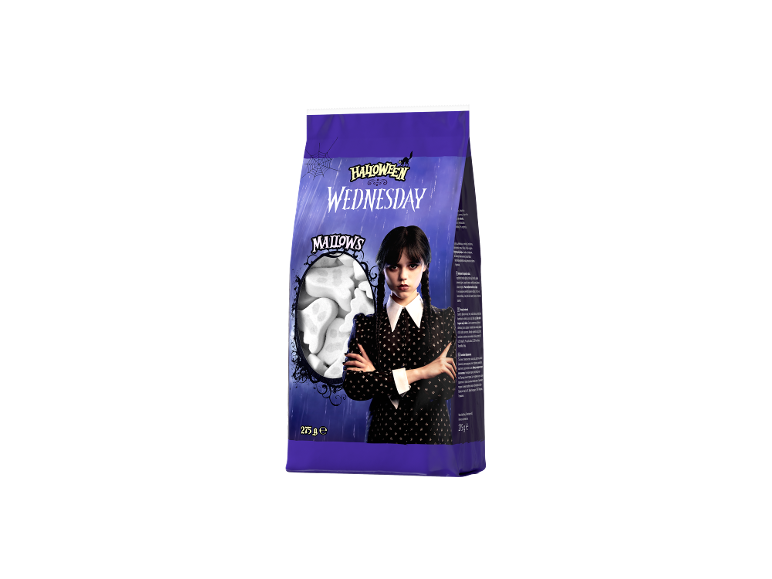 Vrečka marshmallowov za noč čarovnic z motivom Wednesday, s podobo lika.