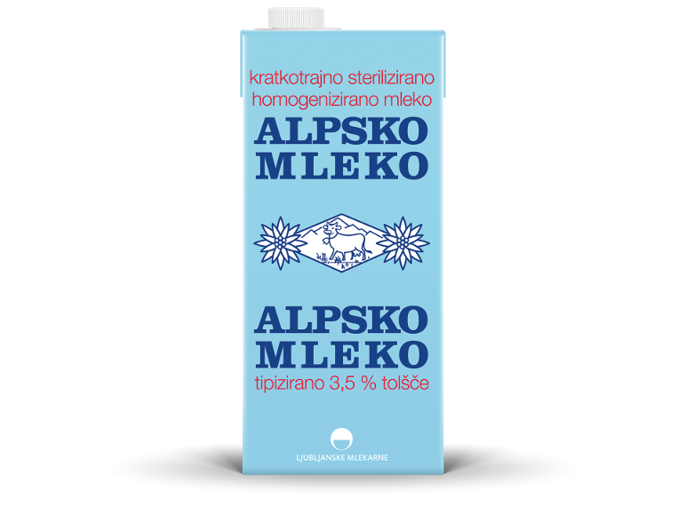 Svetlo moder karton mleka z alpsko pokrajino in besedilom.