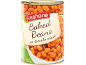 Pločevinka pečenega fižola v paradižnikovi omaki, z napisom 'Baked Beans in tomato sauce'.