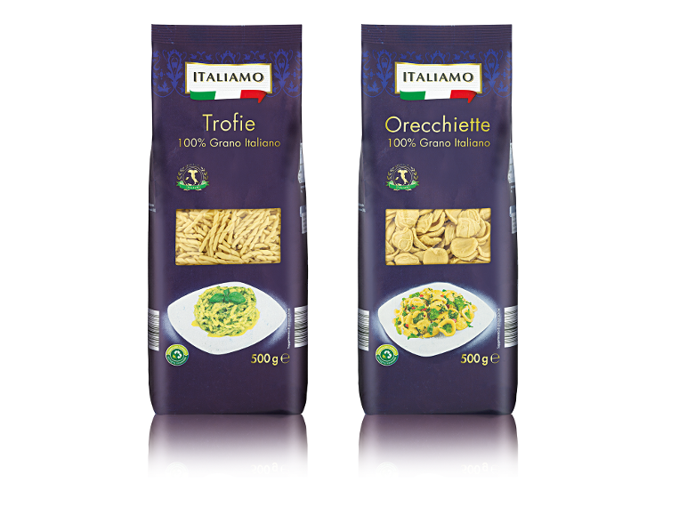 Dve pakiranji italijanskih testenin, trofie in orecchiette, z napisom „100% Grano Italian“.
