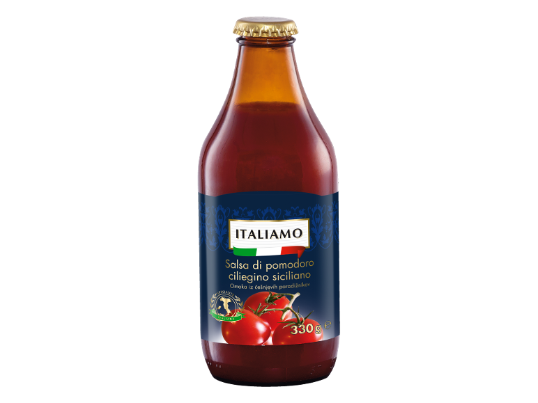Steklenica sicilijanske paradižnikove omake s češnjevimi paradižniki, 330g.