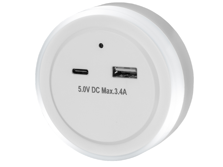 Beli USB polnilec z USB-C in USB-A priključki, izhod 5.0V DC Max.3.4A.