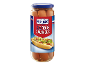Kozarec hrenovk z etiketo, ki prikazuje hot dog z dodatki.