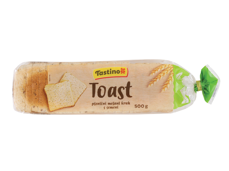 Pakiran pšenični toast kruh s semeni, z besedo „Toast“ in pšeničnimi klasi.