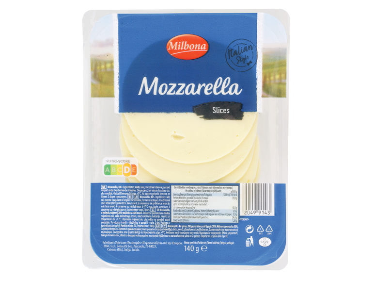 Mozzarella sir v rezinah v italijanskem slogu, z informacijami o hranilni vrednosti in sestavinah.