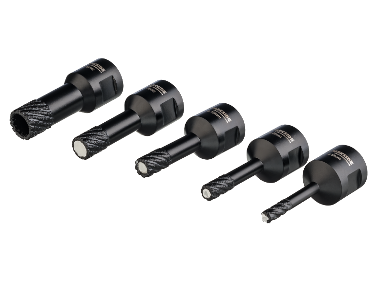 Set petih črnih svedrov za ploščice različnih velikosti, od 6 mm do 12 mm.
