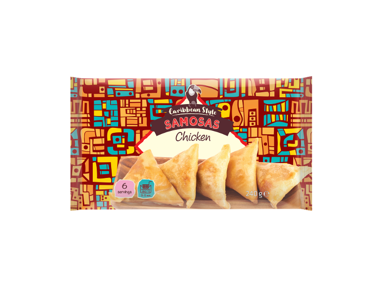 Piščančje samose v karibskem stilu, 6 porcij, 240g, z barvitim vzorčastim ozadjem.