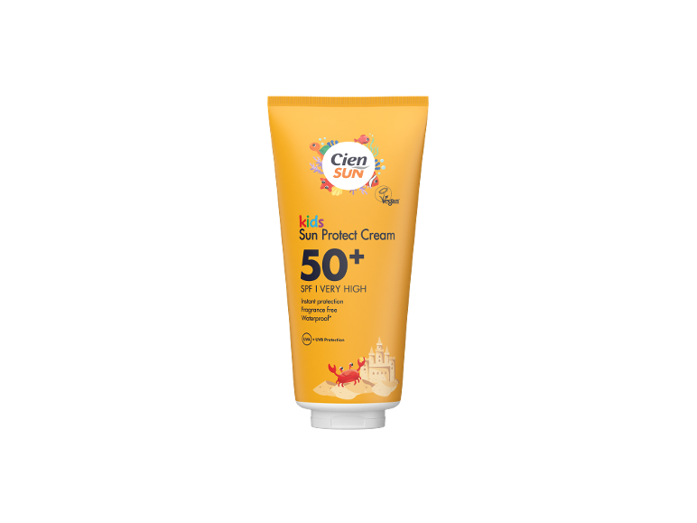 Otroška krema za sončenje SPF 50+ z UVA/UVB zaščito, vodoodporna in brez dišav.