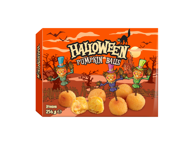 Halloween bučne kroglice v oranžni embalaži s strašljivimi liki in črno mačko.