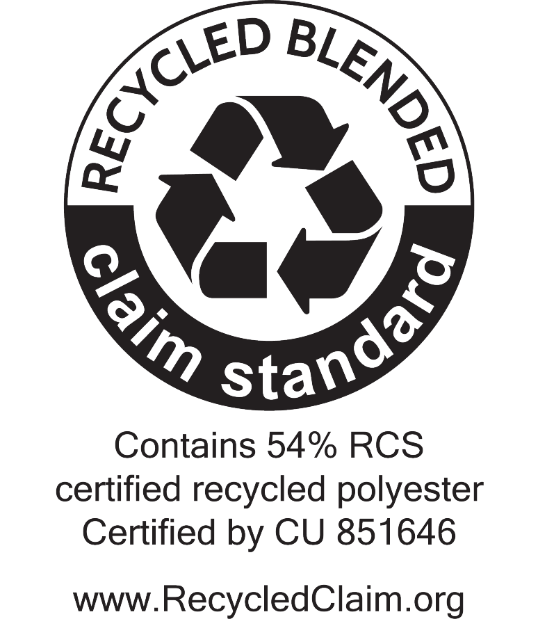 Pečat Recycled Blended Claim Standard: Vsebuje 54% RCS certificiranega recikliranega poliestra, certificirano s strani CU 851646.