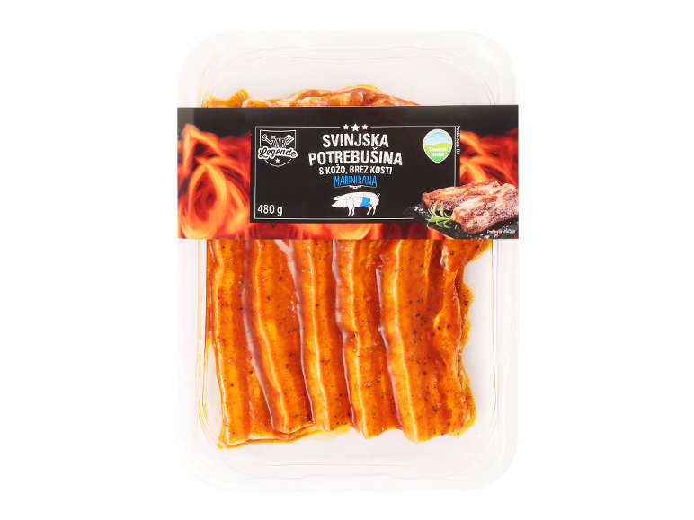 Marinirana svinjska potrebušina s kožo, brez kosti, 480 g, slovenski izdelek.
