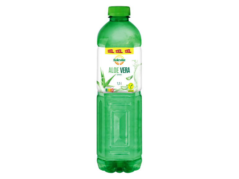 1,5 L napitek aloe vera z Nutri-Score E in veganskim znakom.