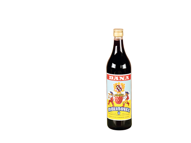 Temen malinov sirup v steklenici z etiketo v retro slogu, ki prikazuje dva moška, ki nosita maline.