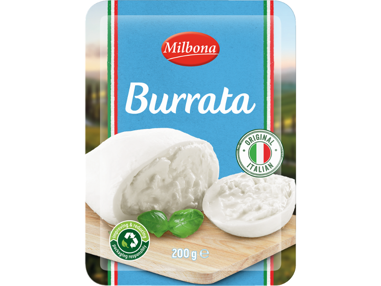 Embalaža sira burrata s celo in narezano burrato, baziliko in pečatom 'Original Italian'.