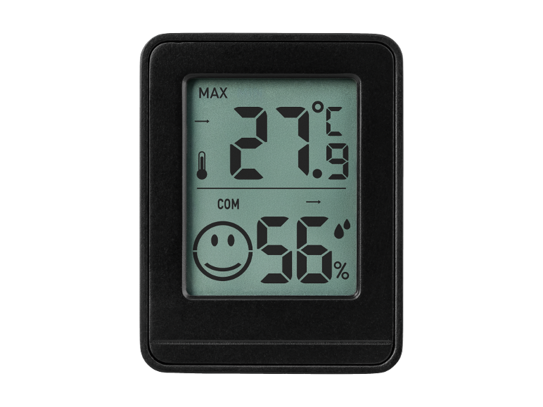 Črni digitalni termo-higrometer z zaslonom, ki prikazuje 27.9°C in 56% vlažnost.