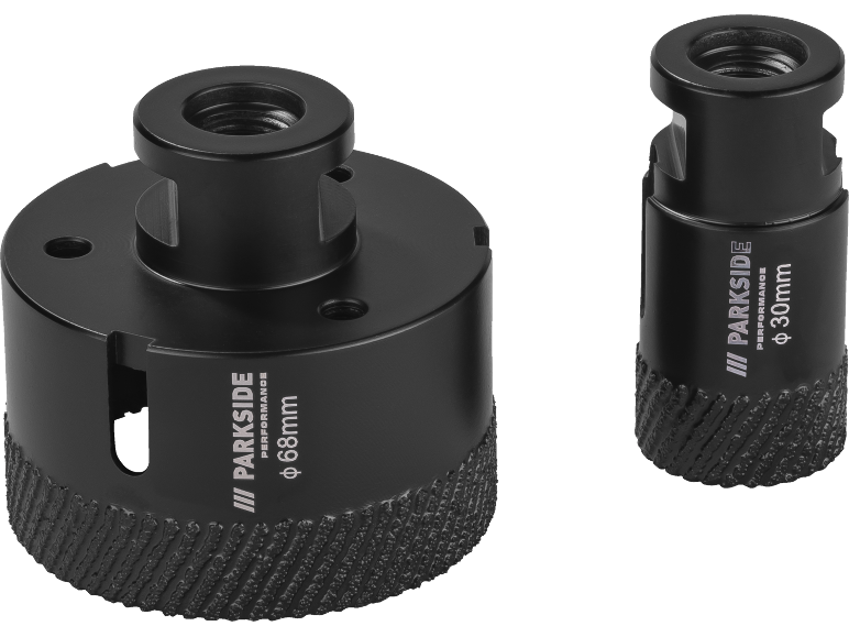 Dve črni diamantni kronski žagi, 68 mm in 30 mm.