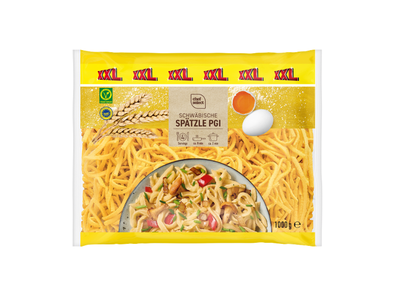 1000g XXL Spätzle PGI pakiranje z vegetarijanskim pečatom in časi kuhanja.