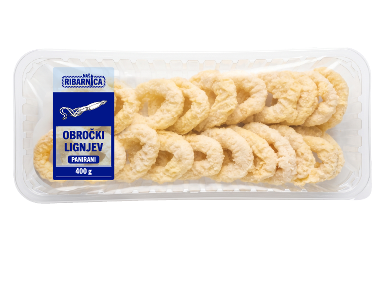 Zamrznjeni panirani lignji v plastičnem pladnju, 400g