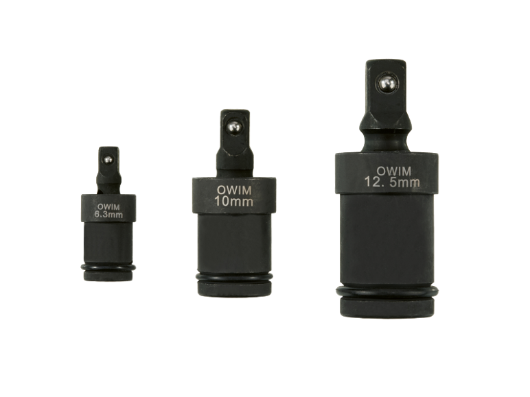 Trije črni adapterji za udarne vijačnike z oznakami 6.3mm, 10mm in 12.5mm.