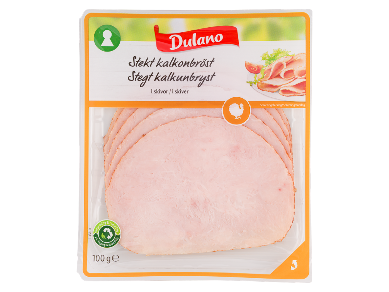 Paket narezanih pečenih puranjih prsi, 100g, s predlogom za serviranje.